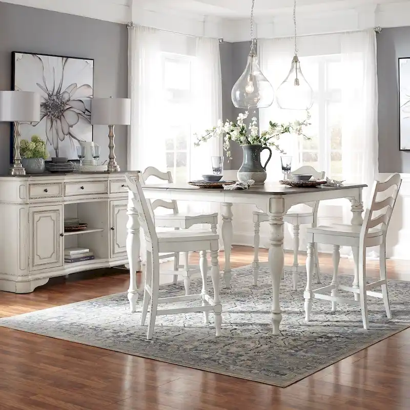 Magnolia Manor Antique White Weathered Bark 5 Piece Gathering Table Set