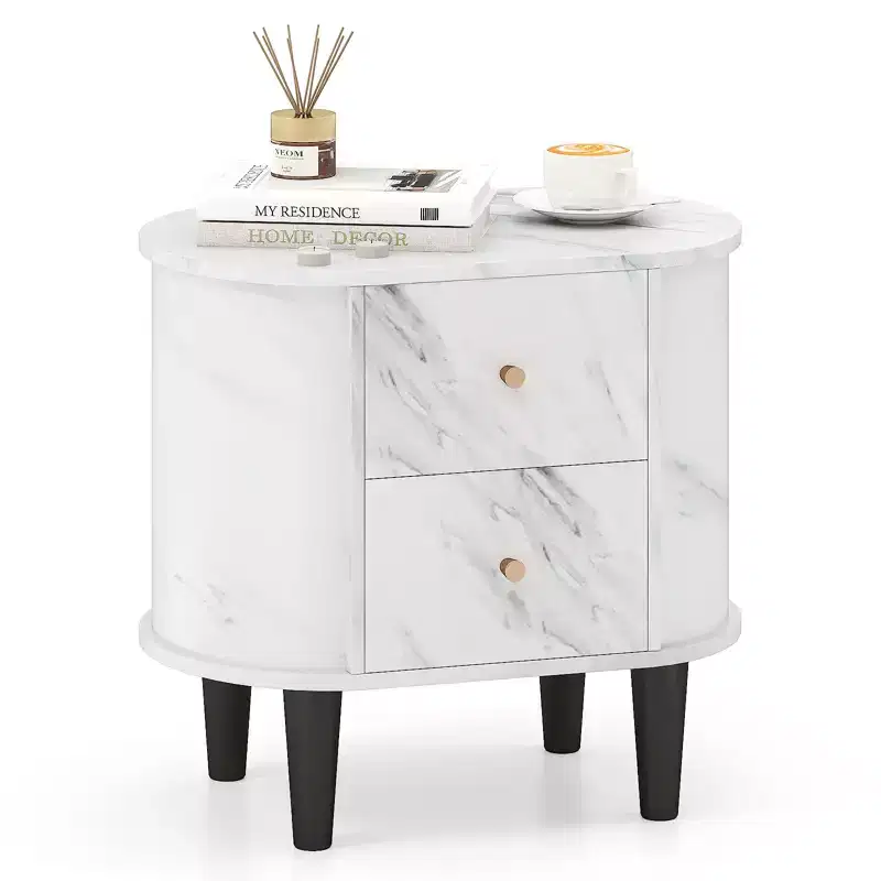 Nightstand with 2 Drawers, Faux Marble Bedside Table for Small Space