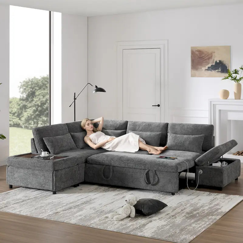 107 Oversized Chenille Modular Sectional Pull-out Sofa, Free Movement Storage Ottoman