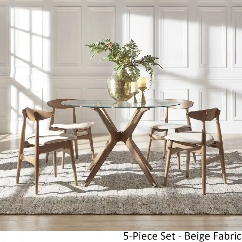 Nadine Dark Walnut Finish Glass Table Top Round Dining Set - Curved Back Chairs by iNSPIRE Q Modern