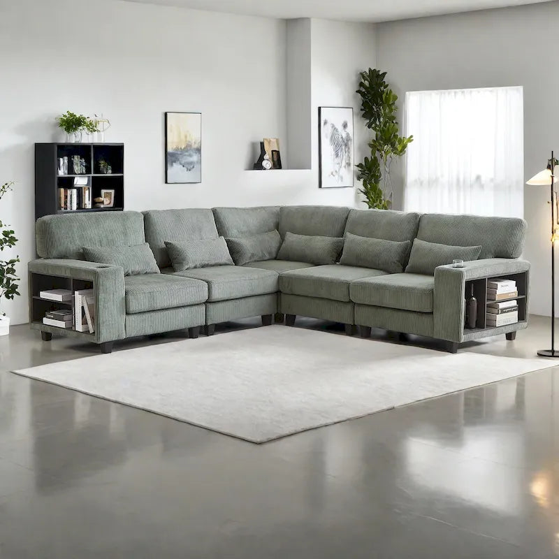 102.75 Corduroy L-Shaped Modular Sectional Sofa with Storage and Cup Holder