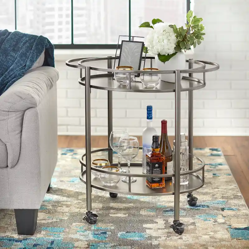 Oval Metal Bar Cart with Wheels, 2-Tier Wine Bottle Rack, Modern Serving Trolley