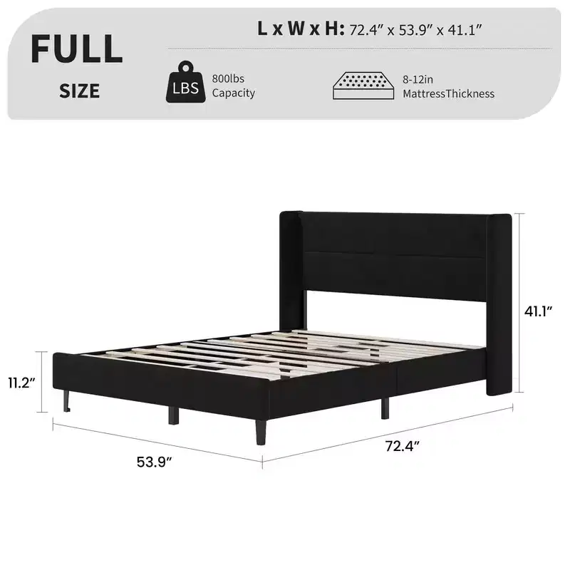 Velvet Upholstered Platform Bed Frame with Tufted Wingback Headboard, Wood Slats, No Box Spring Needed