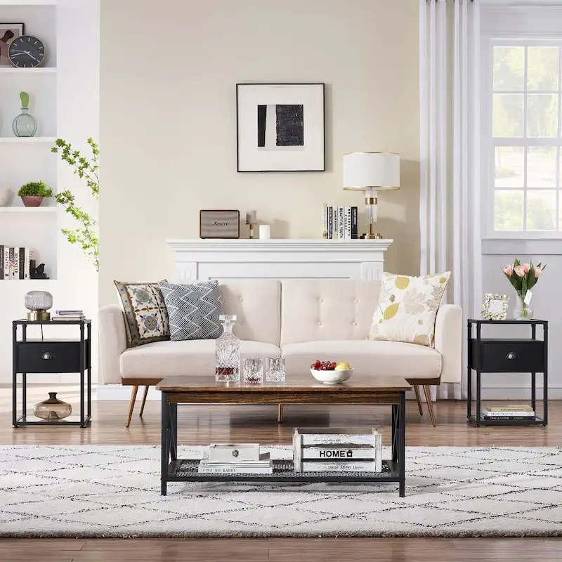 VECELO (Set of 2) Modern 1-Drawer Nightstand with 2-tier Glass Shelves
