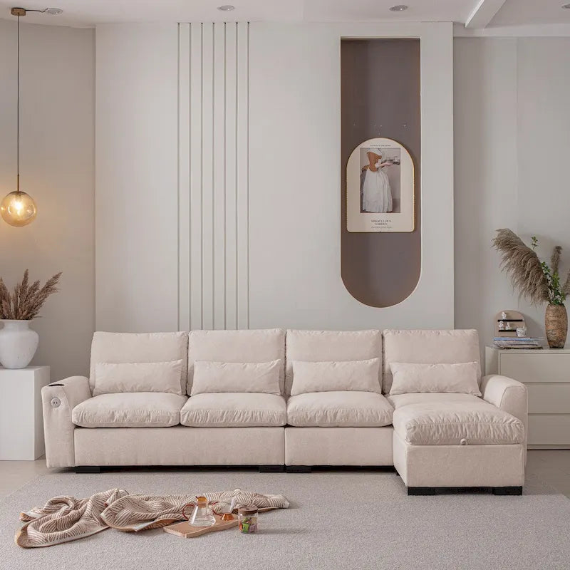 Elegant Chenille Modular Sofa with Reversible Ottoman, USB Ports & Cup Holder, Beige
