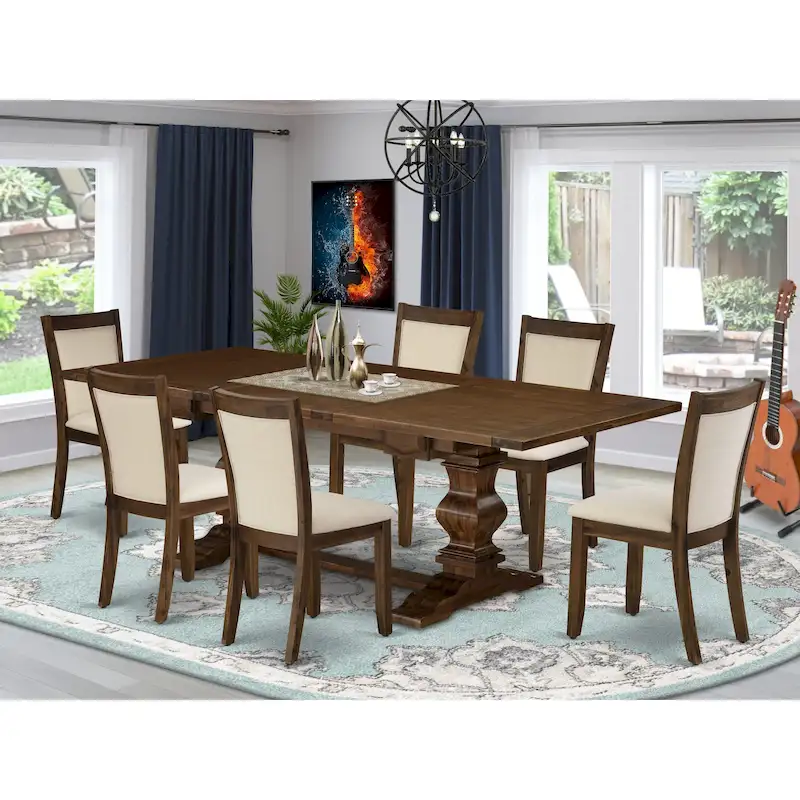 East West Furniture Dining Table Set- a Wooden Table and Light Beige Linen Fabric Chairs,(Pieces Options)