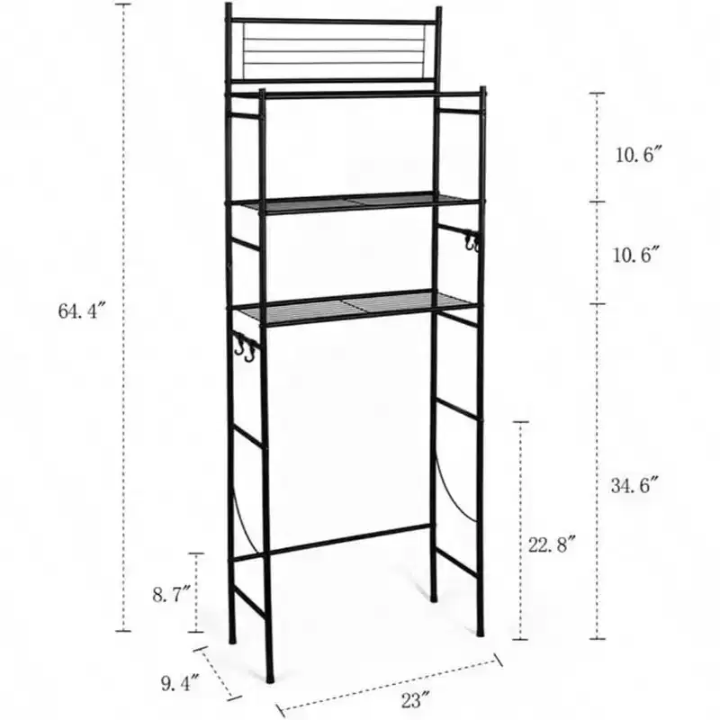 3-Tier Over-Toilet Storage Rack with 4 Hooks, Black, Freestanding, 1-Person Assembly