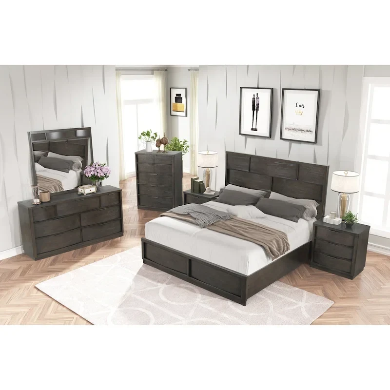 Roundhill Furniture Belani Wood Panel Bed Set, Bed, Dresser, Mirror, Two Nightstands, and Chest, Espresso
