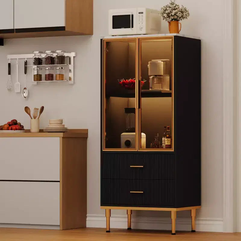 Storage Cabinet With Glass Doors, Sideboard Buffet Cabinet with 2 Fluted Drawers, Adjustable Shelves for Living Room, Dining Room and Kitchen