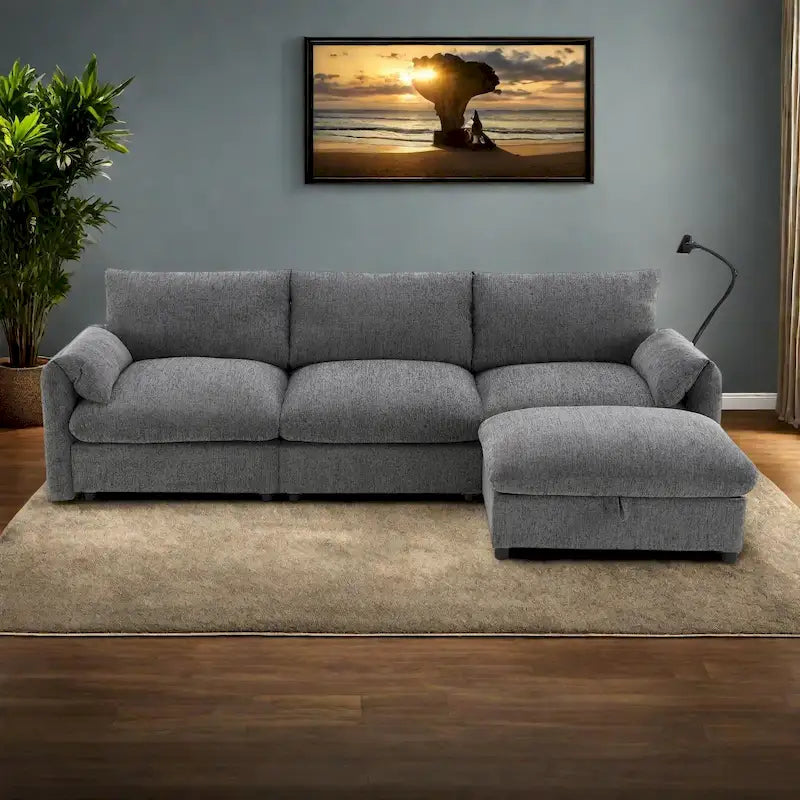 96.5 Chenille L-Shaped Sectional Sofa with Storage Ottoman, Adjustable Phone Holder, USB Charger and Armrest Storage Pockets