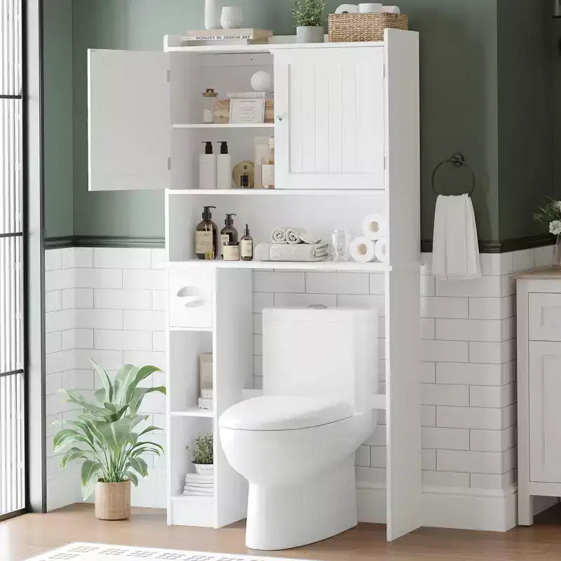 Over The Toilet Storage Cabinet with Toilet Paper Holder Double Door Bathroom Organizer with Adjustable Shelves Freestanding Bathroom Shelf , White