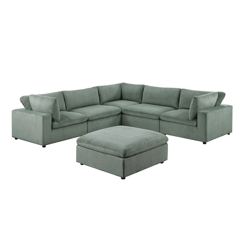 6 Piece Corduroy Upholstered Modular Sectional Sofa with Ottoman