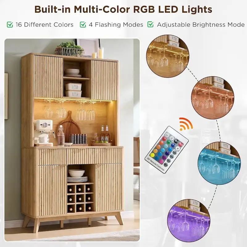 72-inch Fluted Bar Cabinet with RGB LED Lights, Wine Rack & Charging Station – Natural Oak / Dark Walnut / Antique White, Single