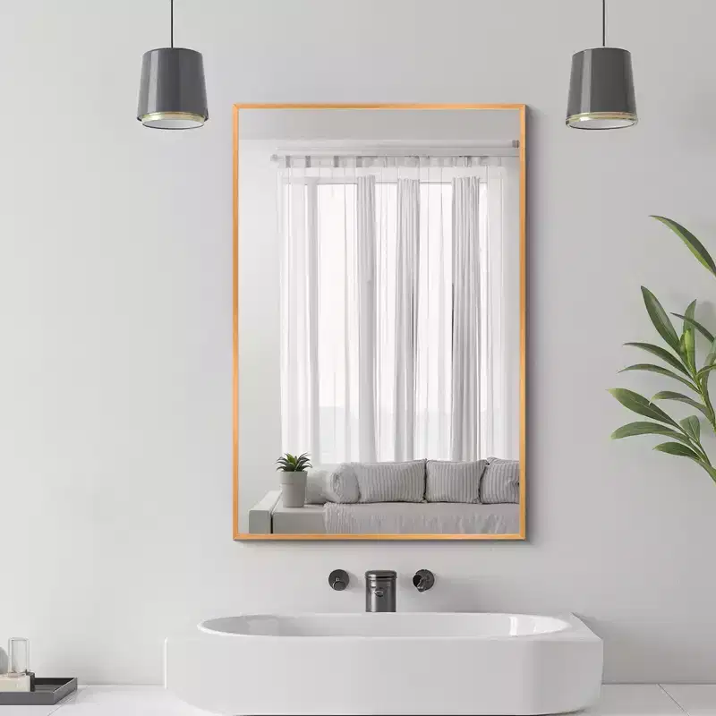 Hanging Mirror, Aluminum Alloy Thin Edge, Right Angle Rectangle, Gold, 38x26x1in, Double Sided