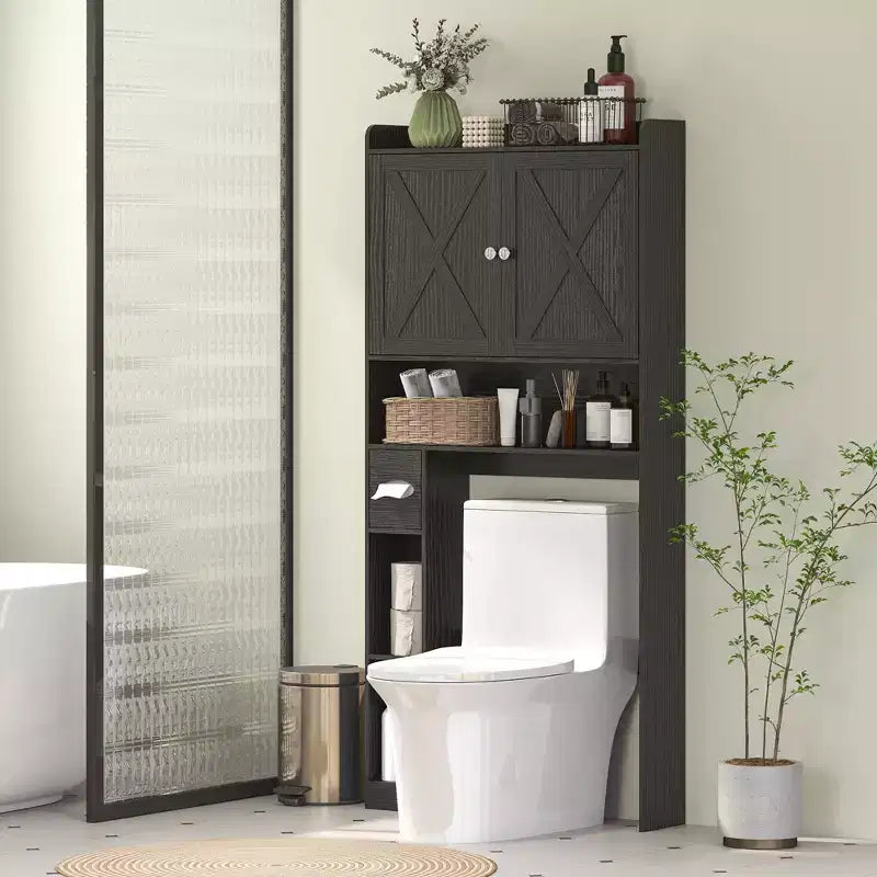 HOMCOM Over the Toilet Storage Cabinet, Farmhouse Above Toilet Bathroom Organizer with Barn Doors, Adjustable Shelf, Toilet Paper Holder