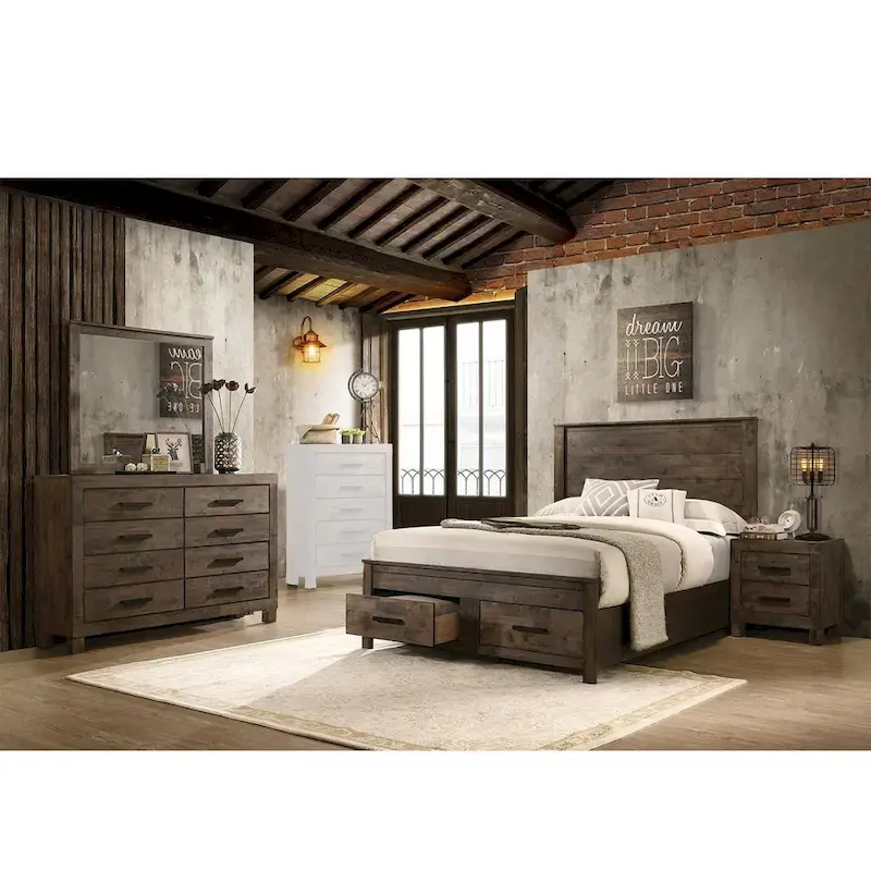 Wooden Storage California King Platform Bedroom Set in Rustic Golden Brown