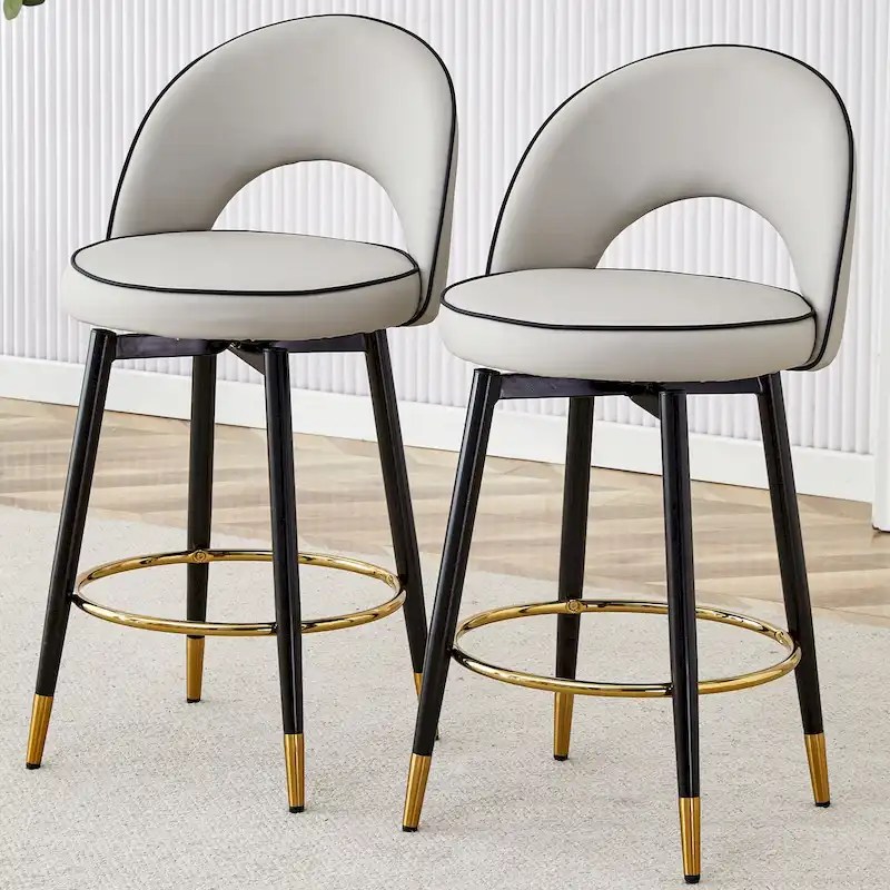 Modern Set of 2 Swivel Bar Stools with PU Cushioned Backrest Metal Legs, for Dining Room Living Room and Patio