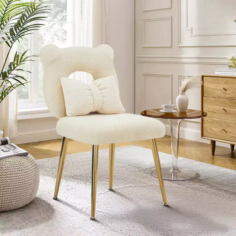 Vanity Chair, Faux Shearling Upholstery, Backrest Pillow and Golden Metal Legs, for Living Room/Dressing Room/Home Office