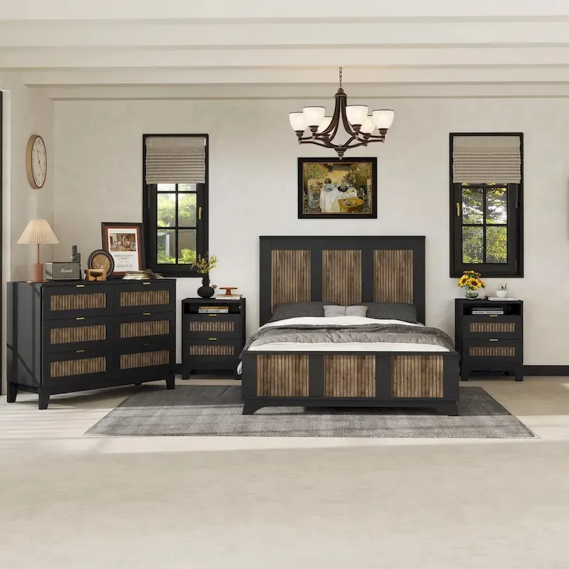 4-Piece Bedroom Set: Farmhouse Platform Bed, Nightstand, and Dresser with Metal Handles